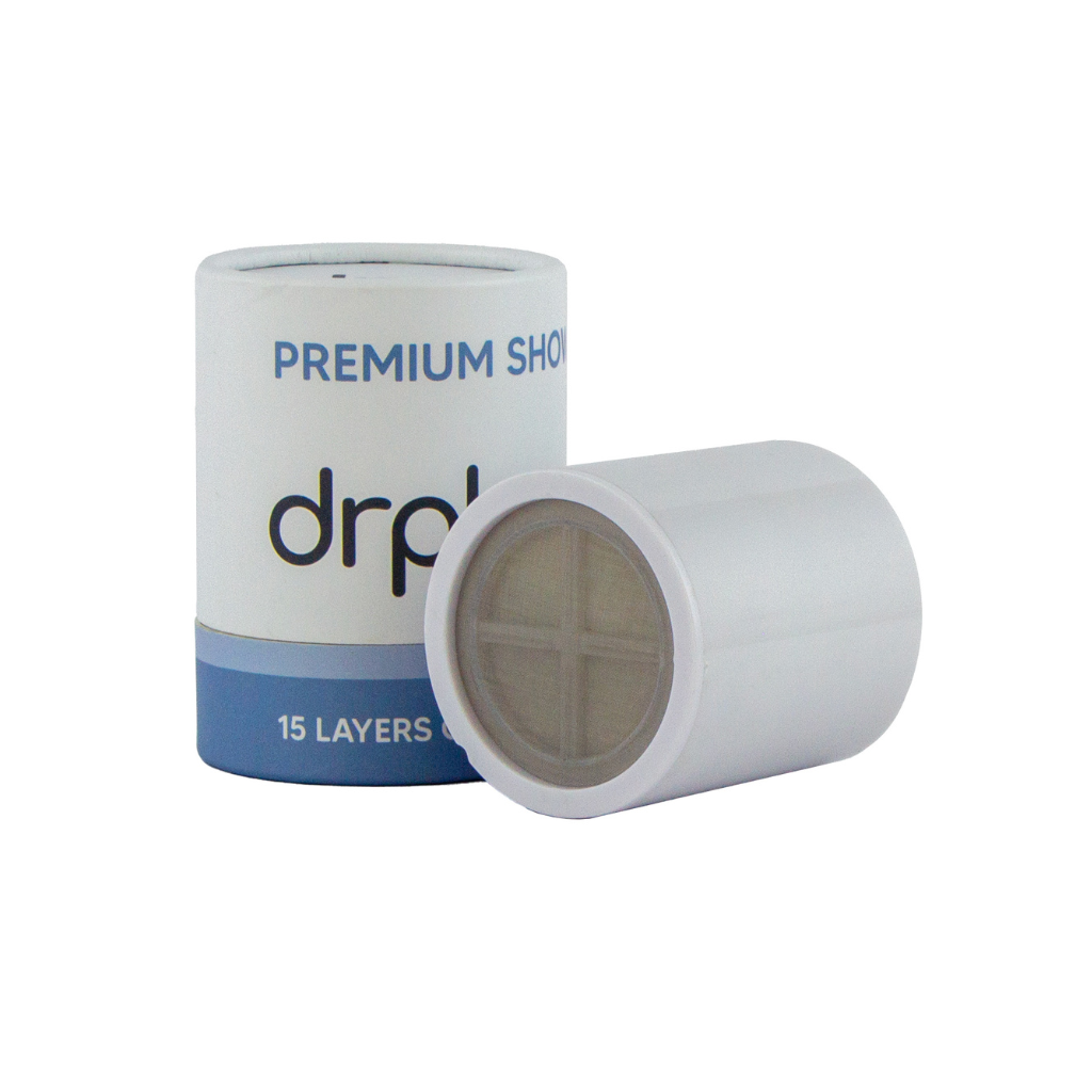 drpl premium showerhead replacement filter cartridge shown with branded packaging – 15-layer filtration system for sensitive skin and healthier hair