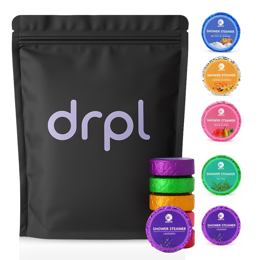 Full 5-pack drpl Shower Steamers featuring lavender, citrus, tea tree, peony and sea salt scents for relaxing aromatherapy