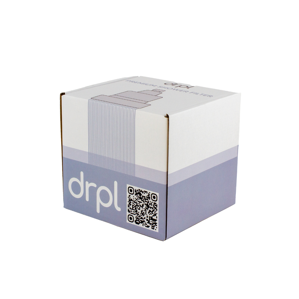 DRPL Filtered Showerhead packaging – branded luxury shower filter box with QR code