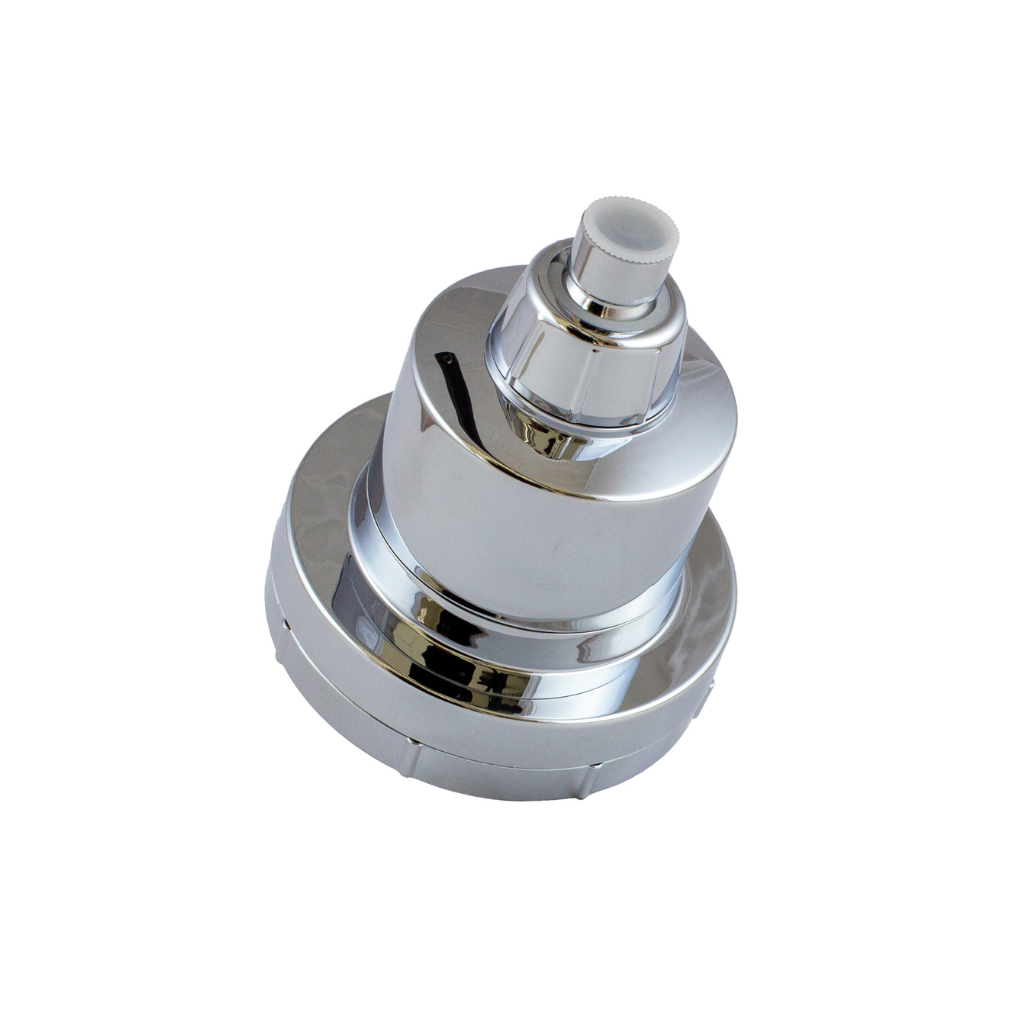 Back Side-angled view of DRPL Filtered Showerhead – premium chrome 15-stage water filter for showers