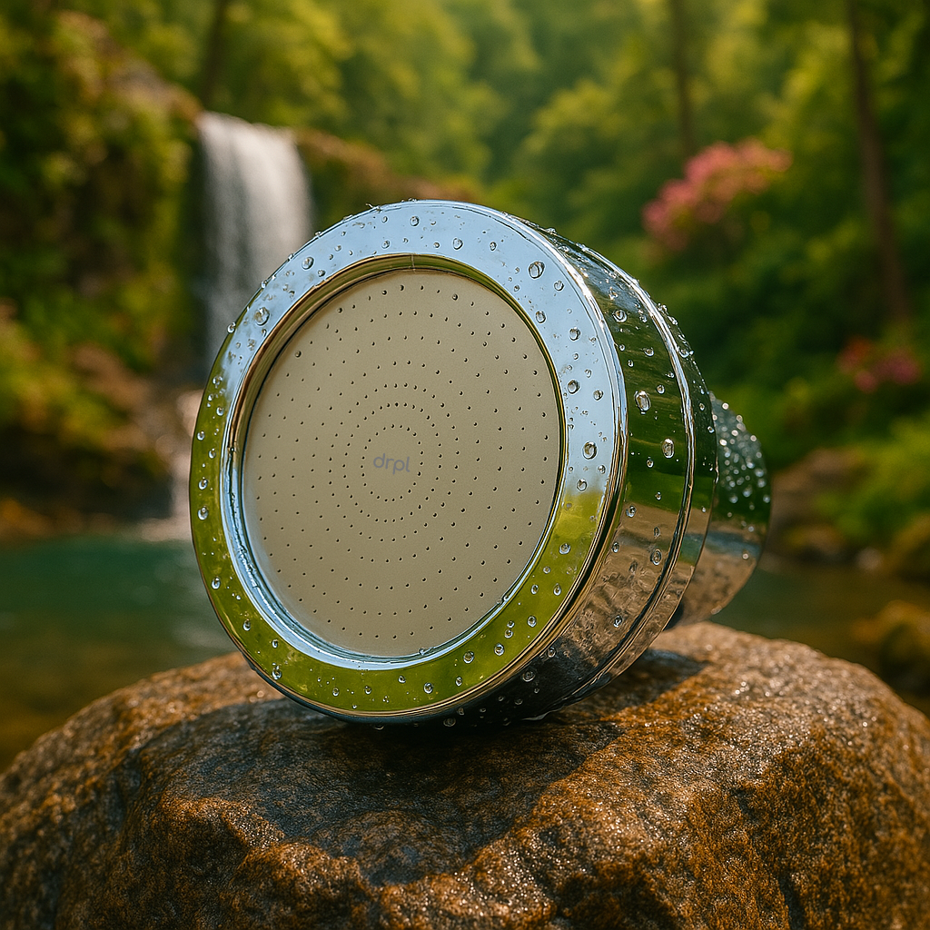 DRPL silver filtered showerhead resting on rock near waterfall – premium water filter for dry skin and hair